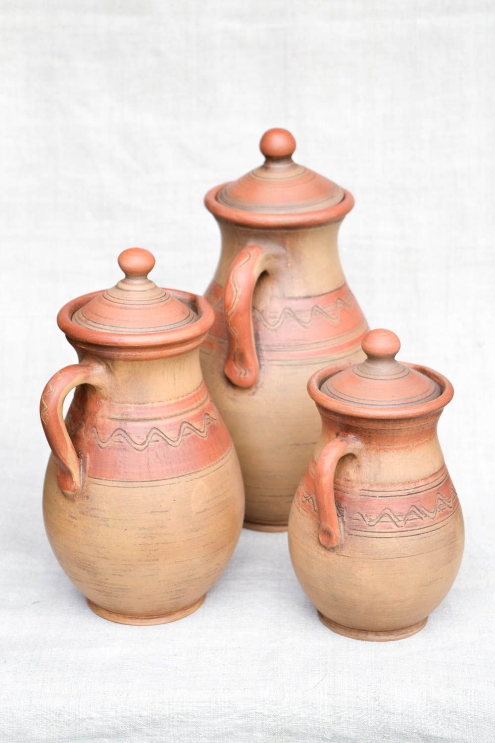 Set of light brown ceramic 30 oz, 45 oz, 60 oz jugs handmade pottery for home décor photo 4