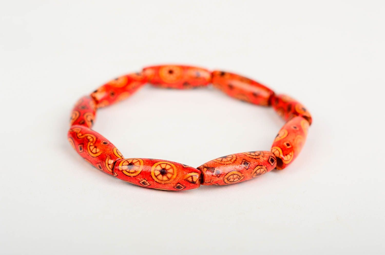 Wooden red beaded handmade wrist bracelet on elastic cord for girls and women photo 4