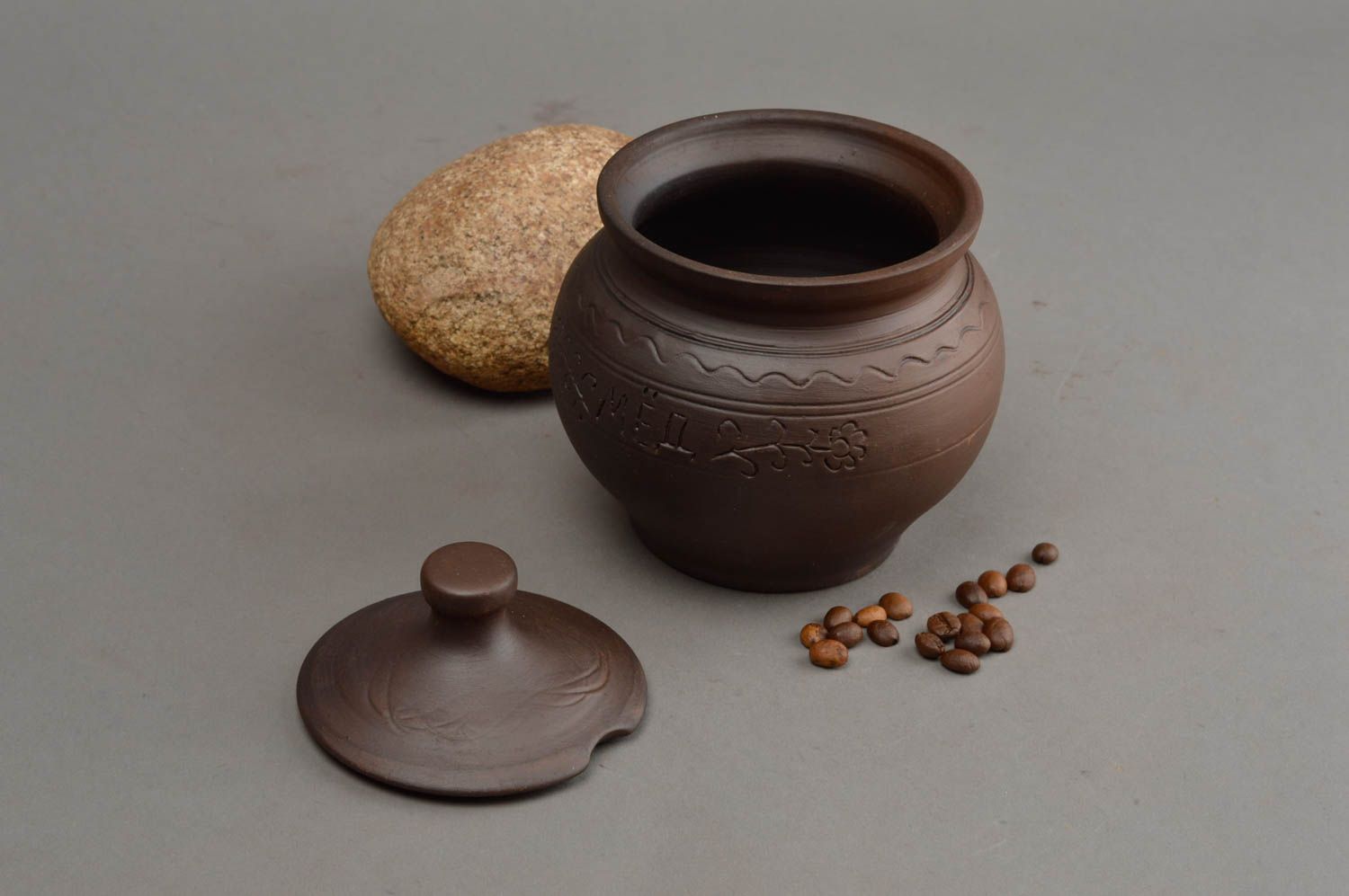 Pot à miel céramique brun foncé avec couvercle fait main 350 ml original photo 1
