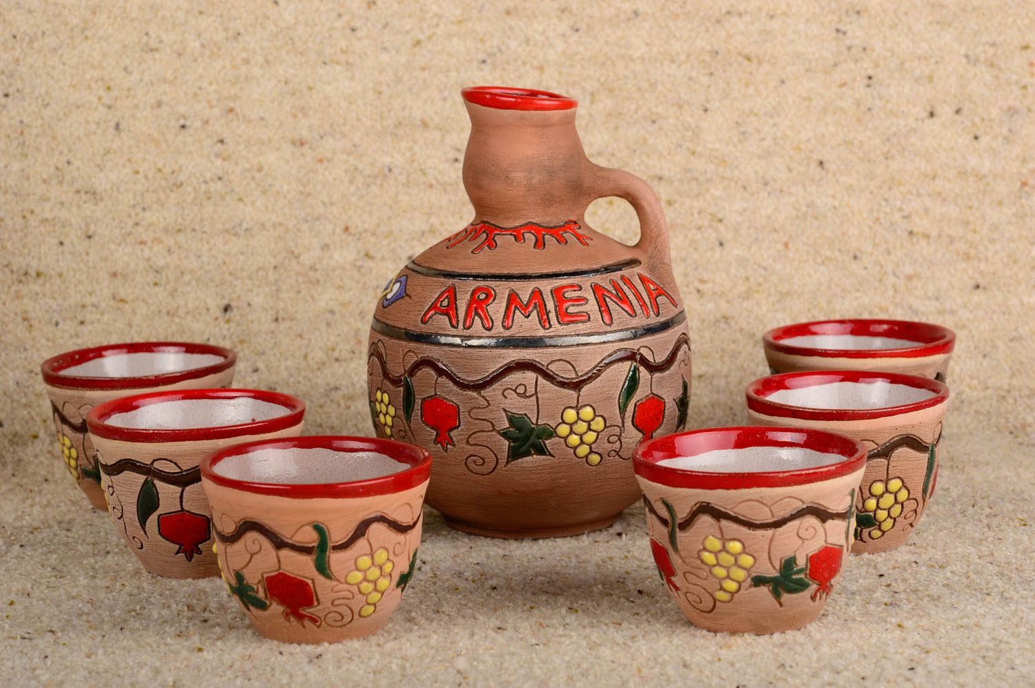 Handmade Geschirr Set Keramik Krug sechs Becher aus Ton Küchen Deko mit Bemalung foto 1