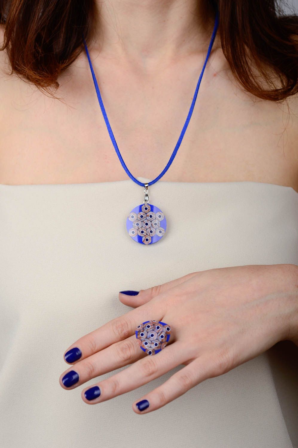 Blue jewelry set designer bright accessories fashionable ring and pendant photo 2