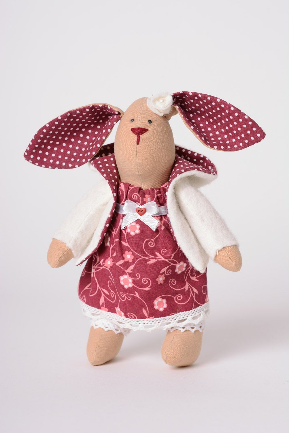 Beautiful small handmade fabric soft toy hare in nice dress  photo 1