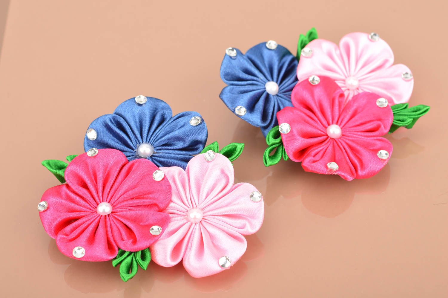Set of hairpins made of satin ribbons handmade accessories for girls 2 pieces photo 2