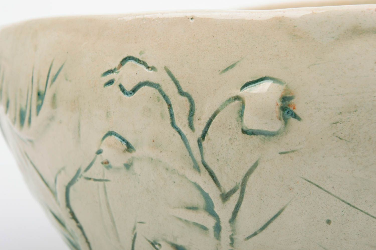 Grand bol en argile peint de glaçure motif en relief beige rond fait main photo 4