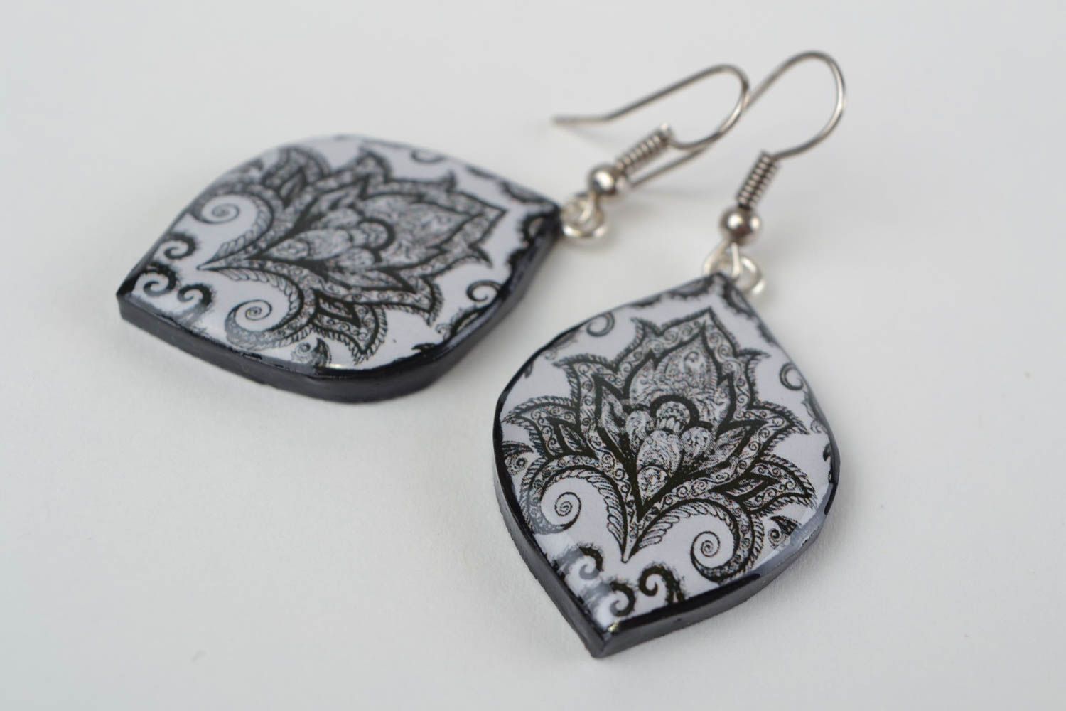 Black and white handmade designer polymer clay earrings with decoupage photo 3