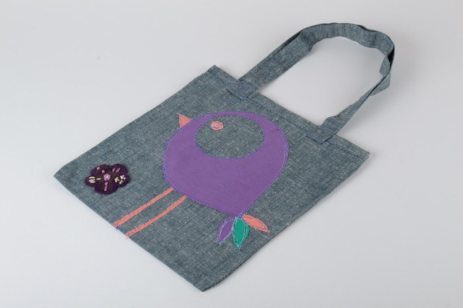Dunkle Damen Tasche aus Textil mit Applikation Vogel handmade Öko  foto 2