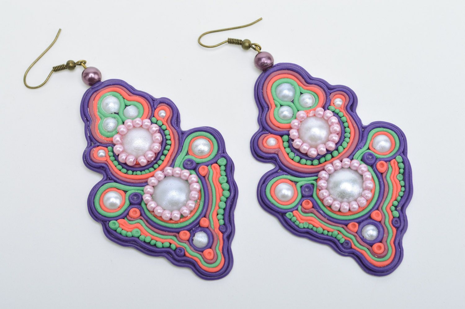 Beautiful bright massive handmade polymer clay earrings in soutache style photo 2