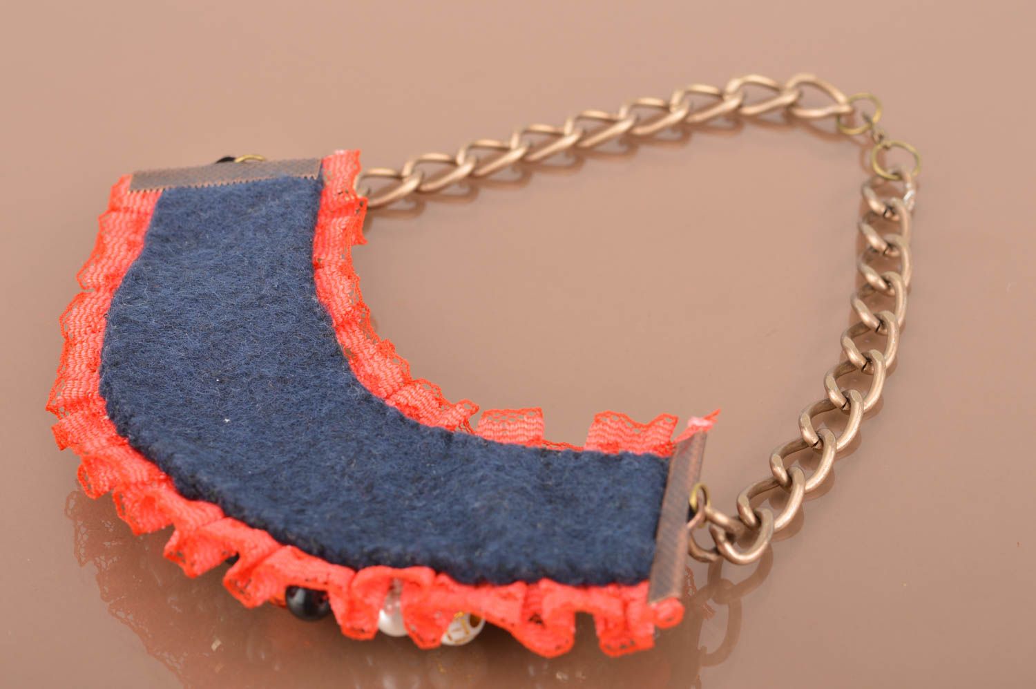 Designer beautiful massive necklace on chain made of metal with beads and lace photo 5