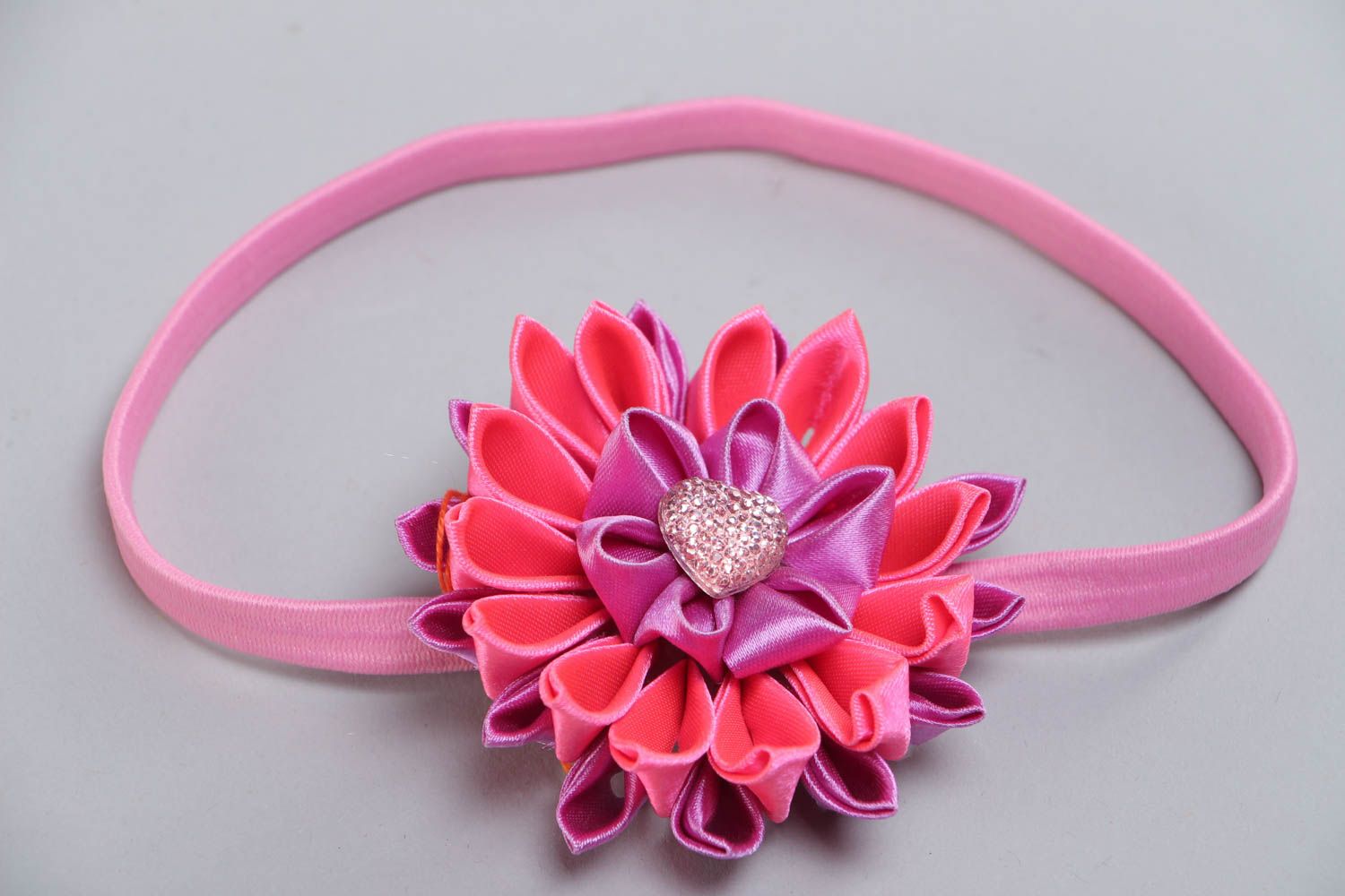 Handmade designer headband with thin basis and pink ribbon kanzashi flower  photo 2