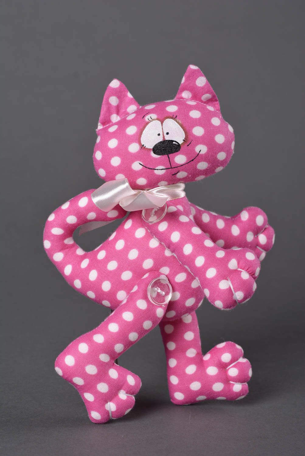 Peluche Chat en tissu Jouet fait main rose à pois original Cadeau pour enfant photo 3