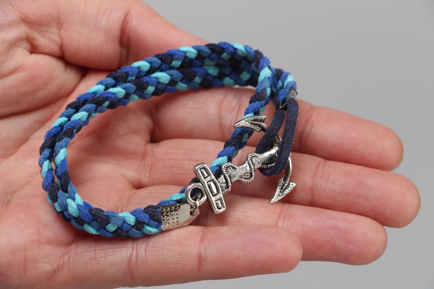 Handmade artificial leather marine charm bracelet in blue and dark blue colors photo 3