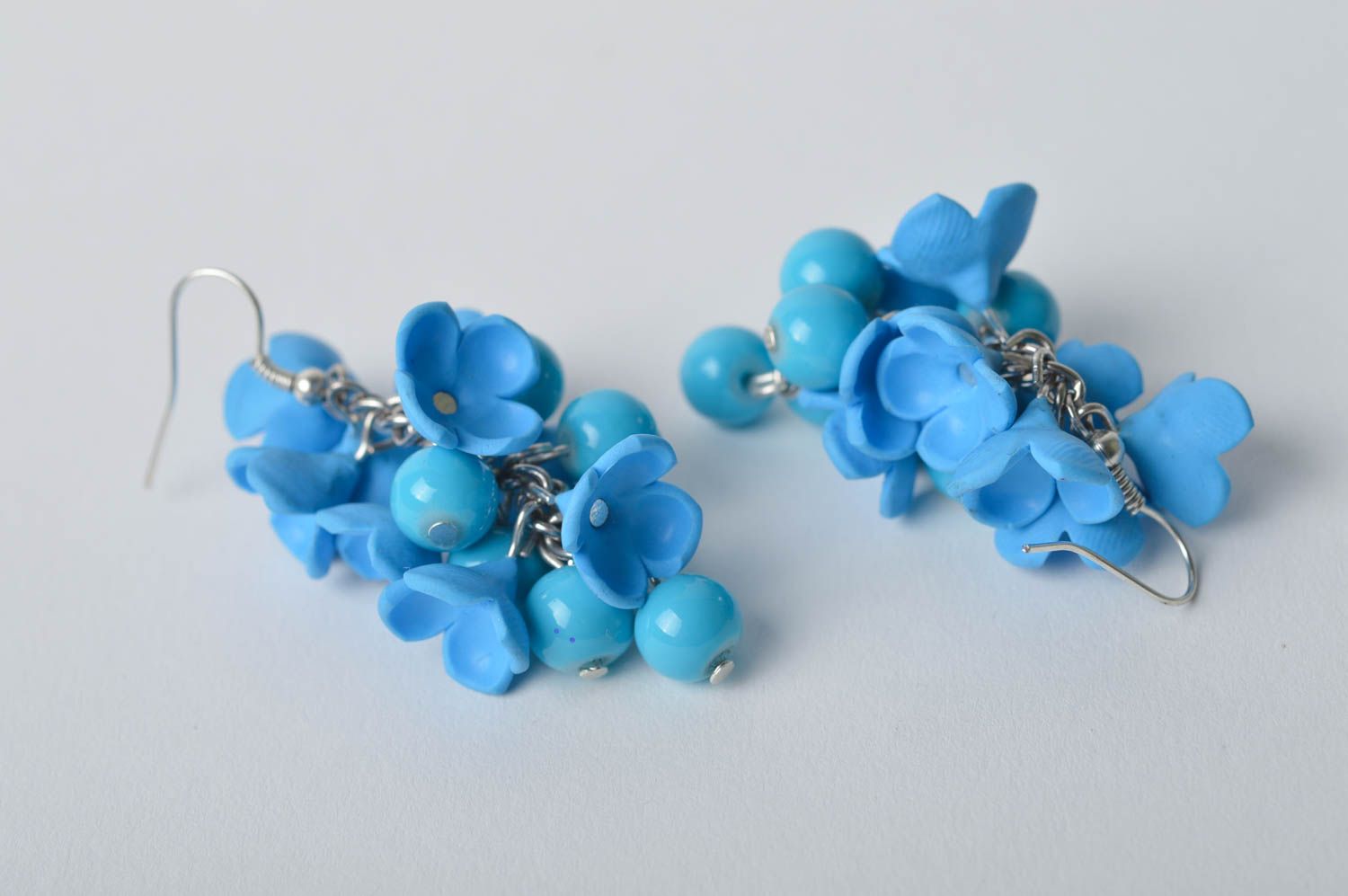 Boucles d'oreilles pendantes Bijou fait main jolies fleurs bleues Cadeau femme photo 4