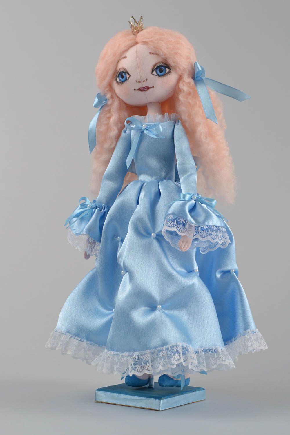 Handmade designer interior fabric soft doll Princess in blue satin dress photo 1