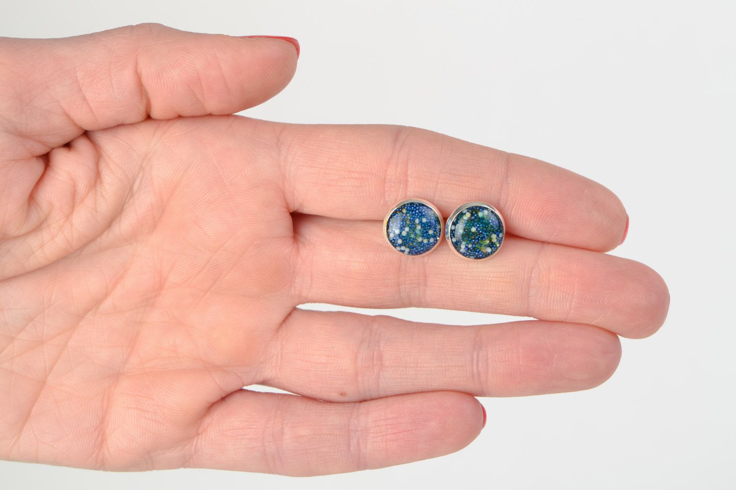 Blue round handmade earrings with spangles coated with jewelry glaze for every day photo 2