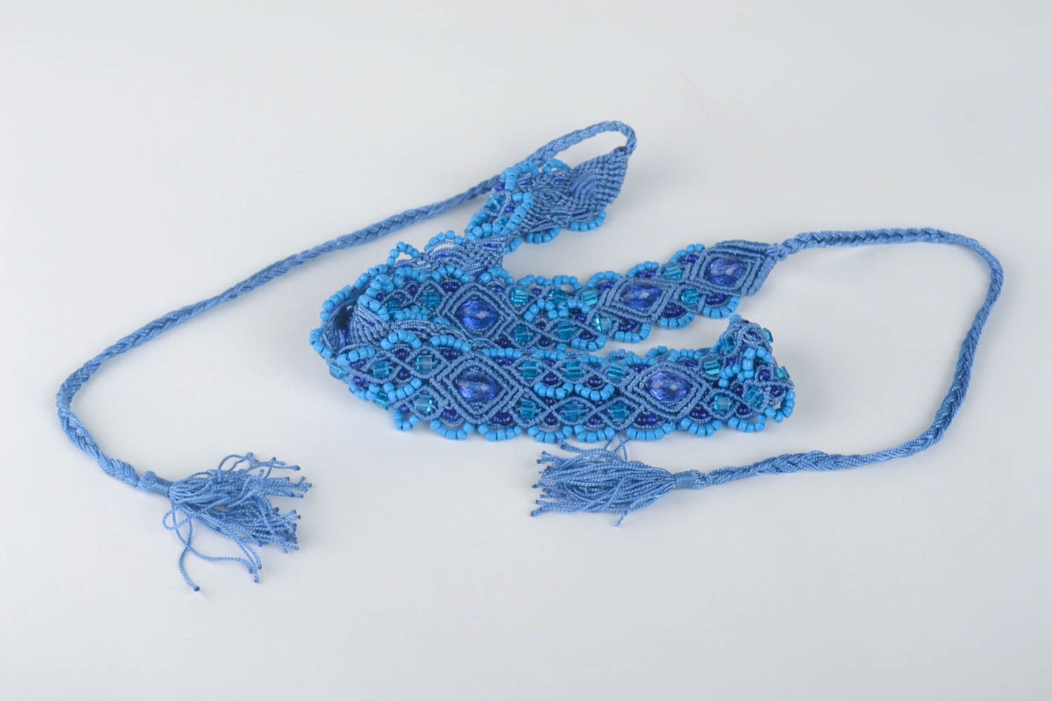 Пояс ручной работы пояс для талии плетеный женский пояс голубой с бисером фото 2