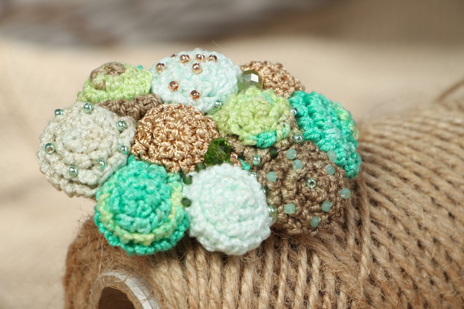 Hand crocheted brooch Green Flowers photo 5