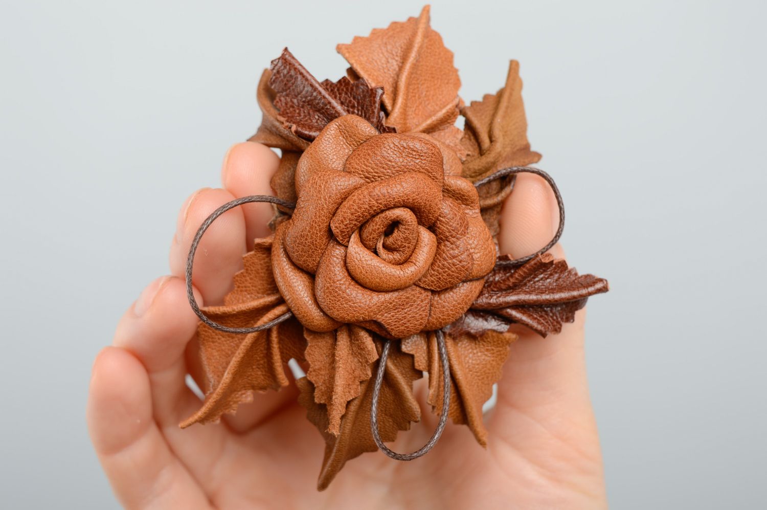 Leather floral brooch-hair clip of ginger color photo 2
