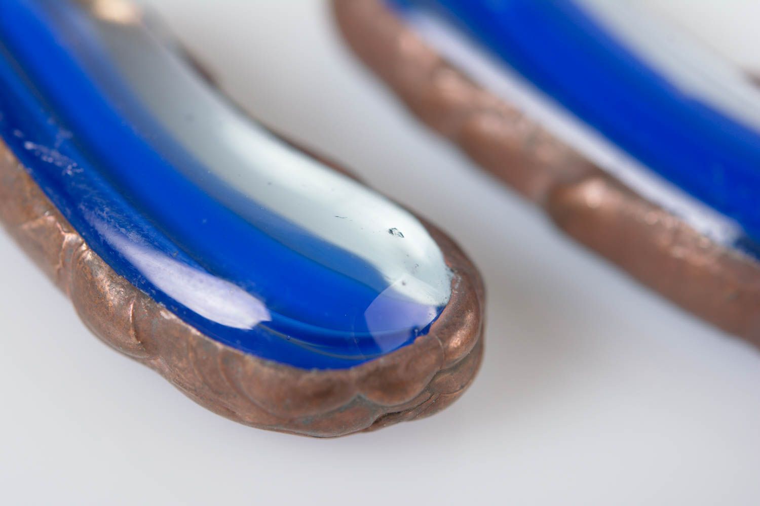 Beautiful handmade designer blue unusual earrings made of glass and metal photo 2