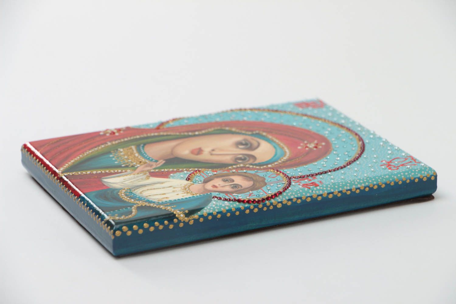 Handmade orthodox icon painted with gouache on wooden basis with rhinestones photo 4