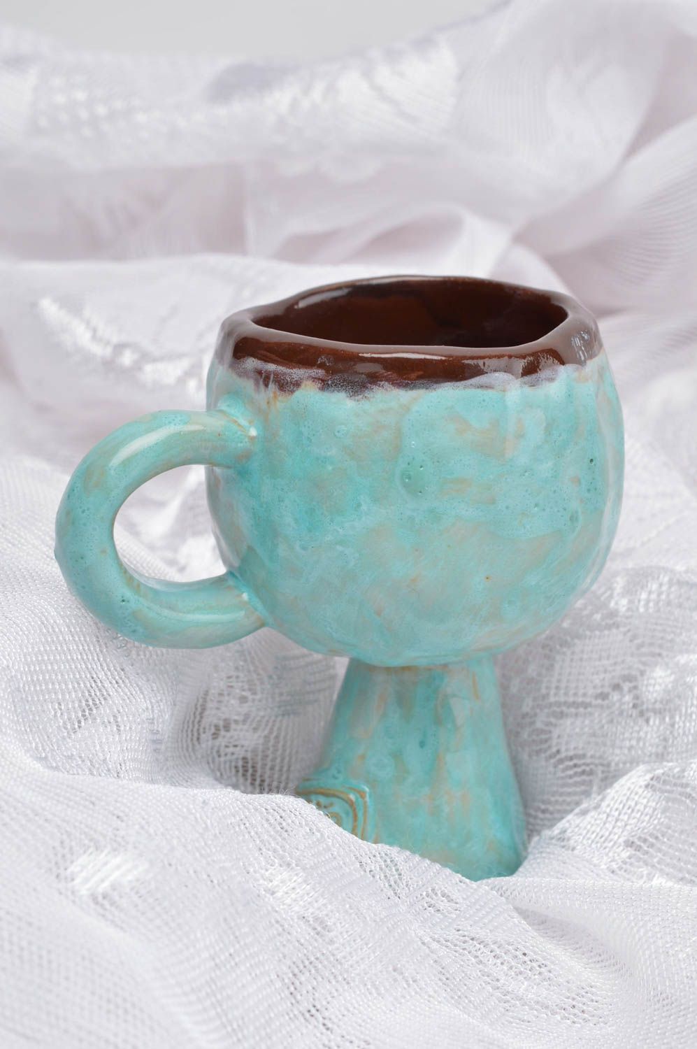 Light blue ceramic coffee cup on the tall stand with handle 0,46 lb photo 1