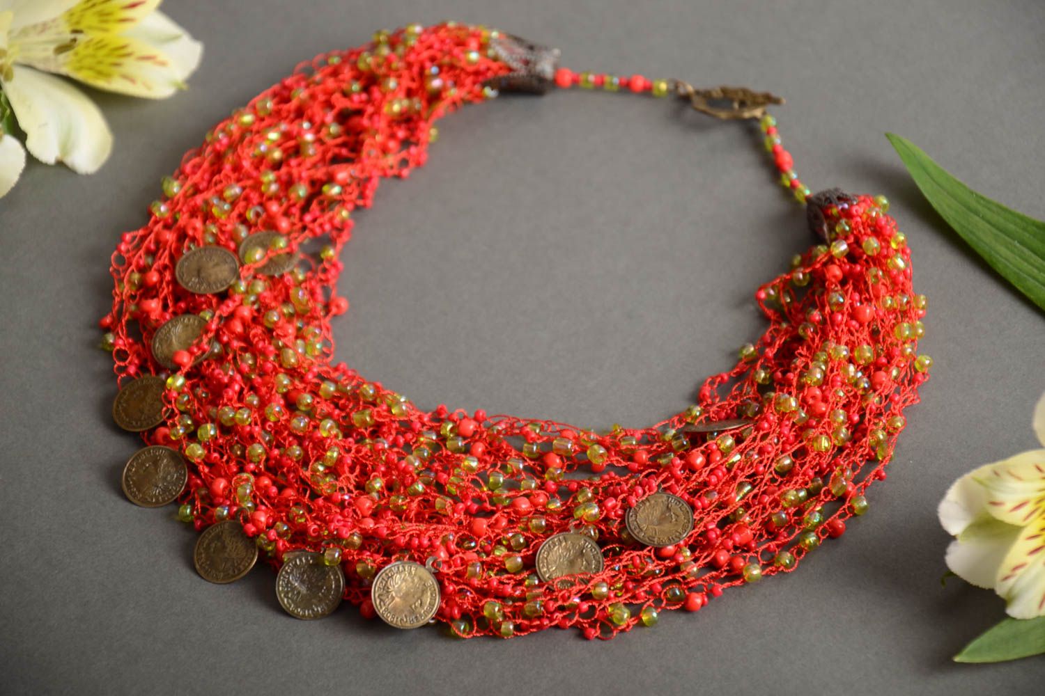 Handmade bright airy crocheted beaded necklace of coral color with coins photo 1