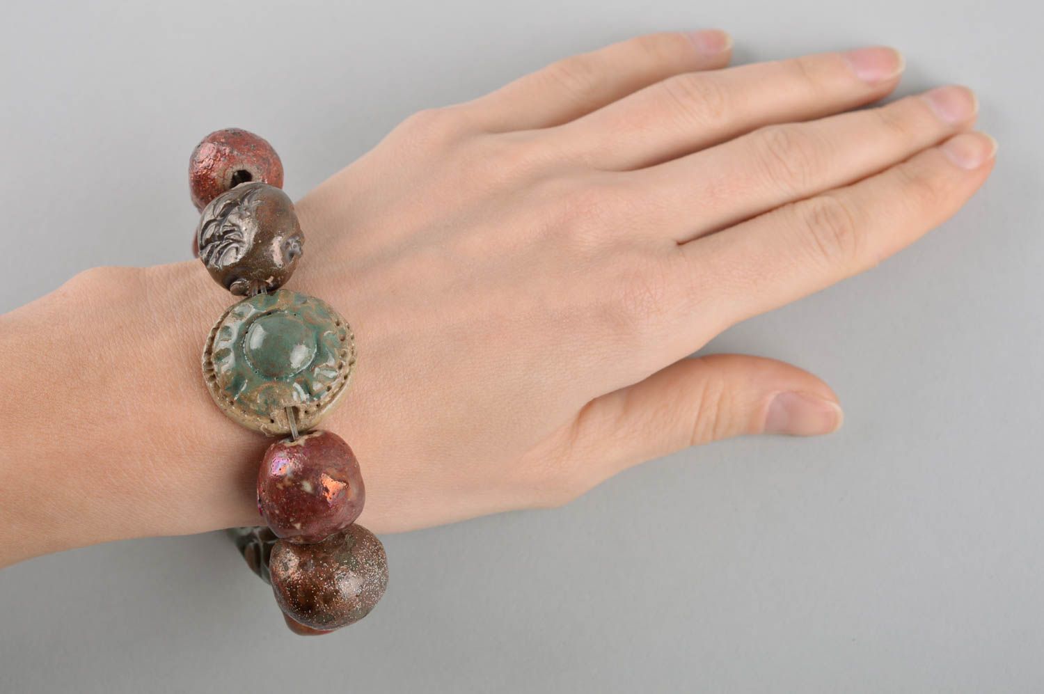 Bracelet céramique Bijou fait main marron-vert style ethnique Cadeau pour femme photo 5