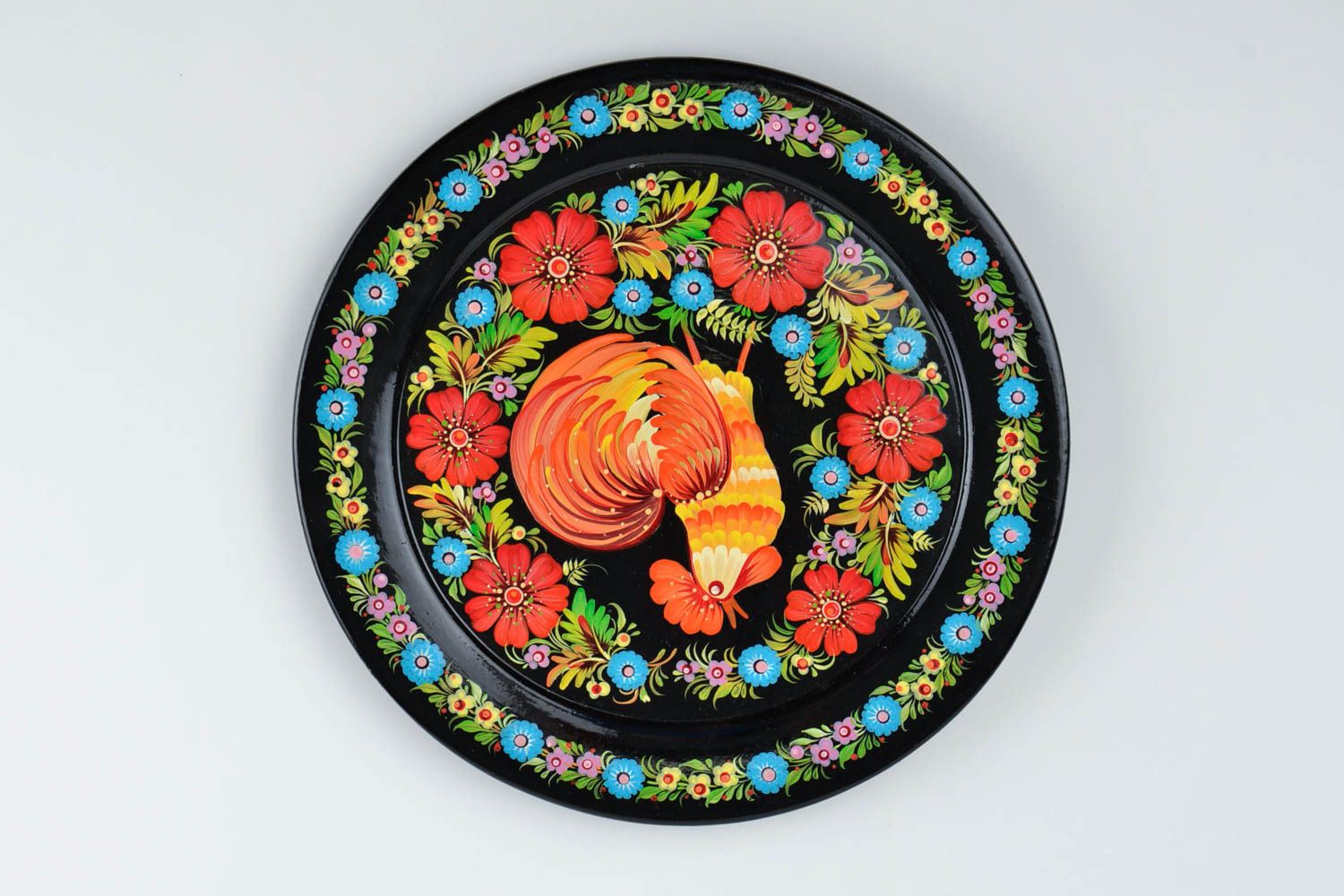 Деревянная тарелка с Петриковской росписью ручной работы декоративная Петушок фото 4
