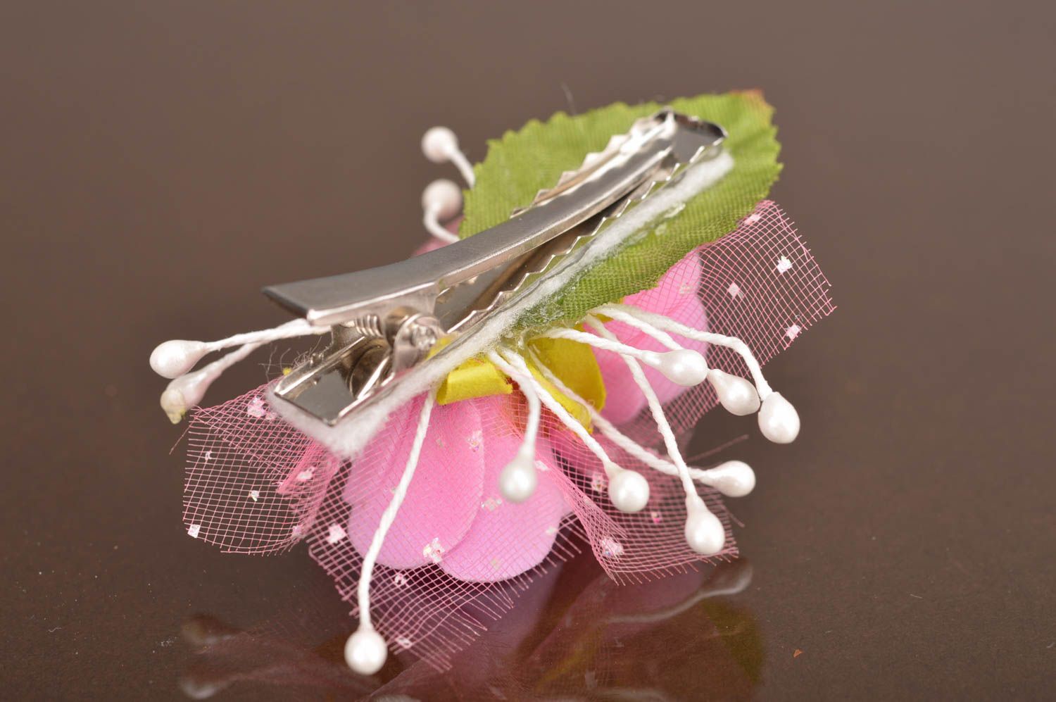 Pink hair clip made of artificial flowers and lace for little princesses  photo 5