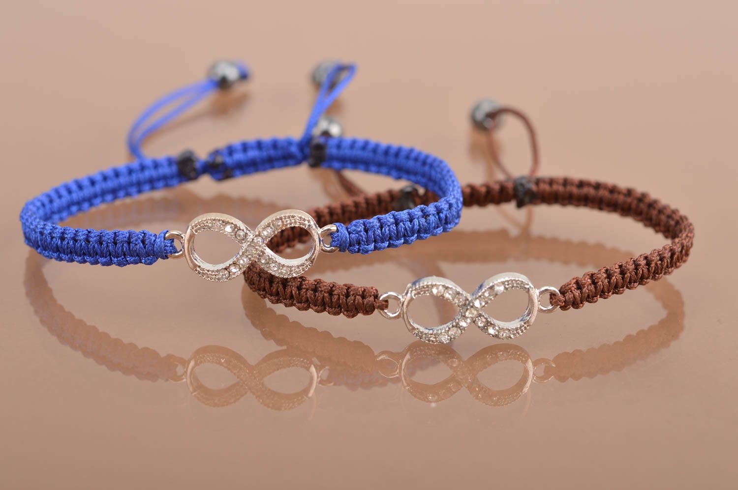 Ensemble de bracelets fins tressés en soie faits main 2 pièces bleu et marron photo 2