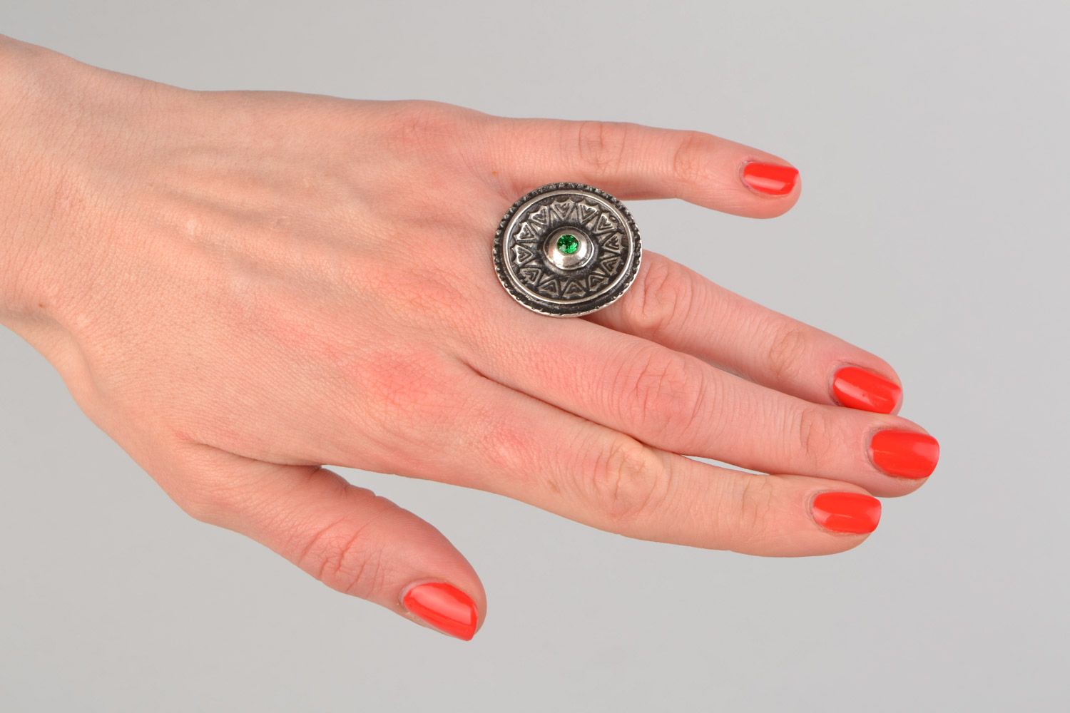 Handmade round metal ring with green rhinestone in ethnic style for women photo 2