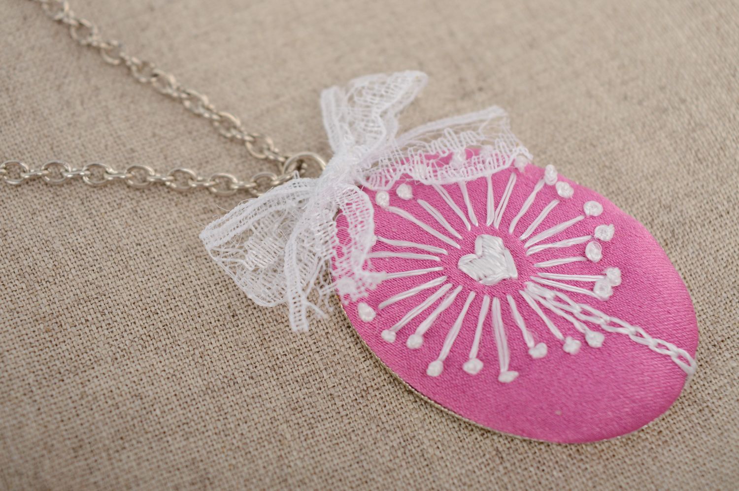Beautiful gentle pink embroidered pendant photo 4