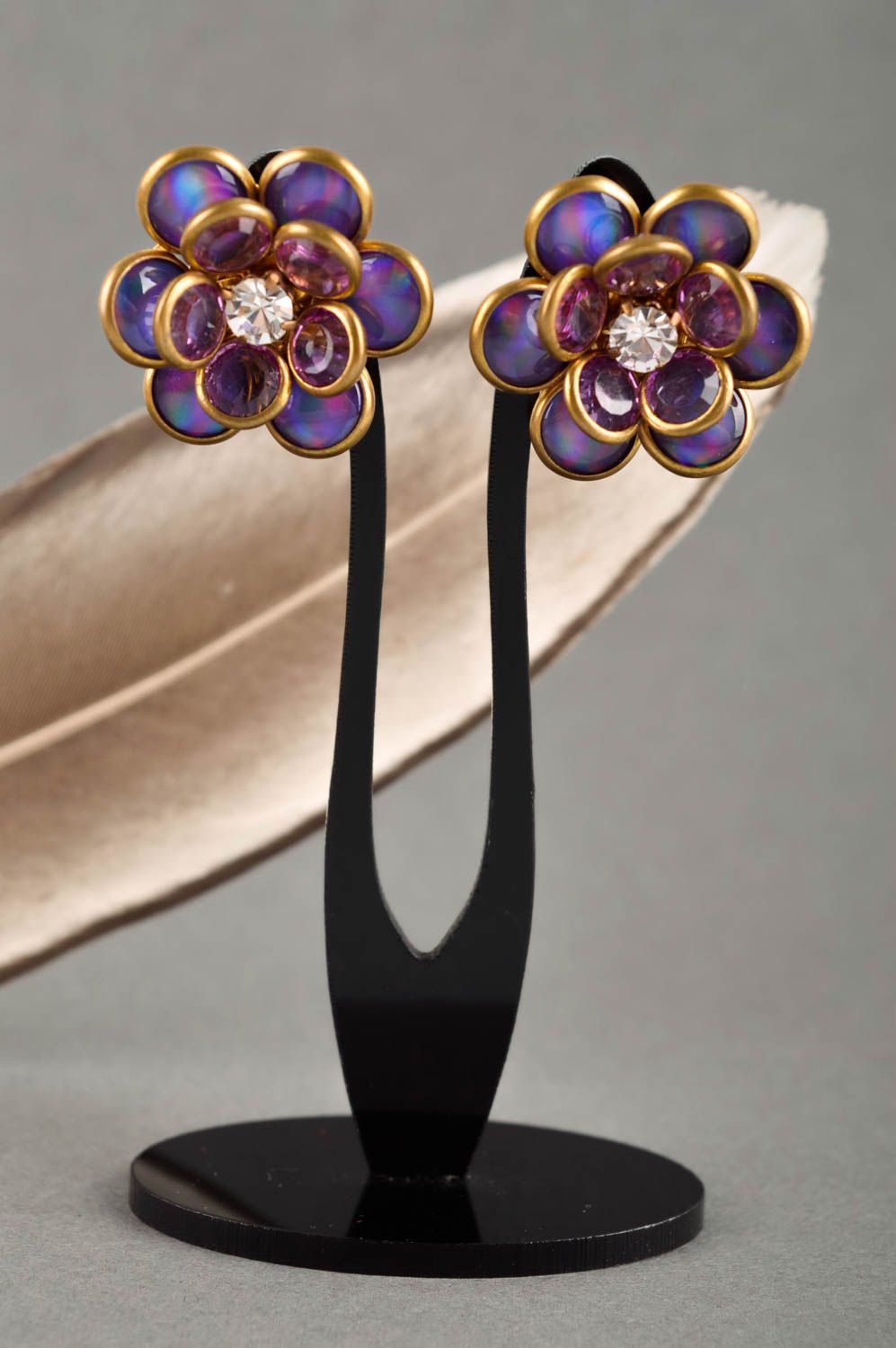 Boucles d'oreilles fleurs Bijou fait main clips en verre Cadeau pour femme photo 1