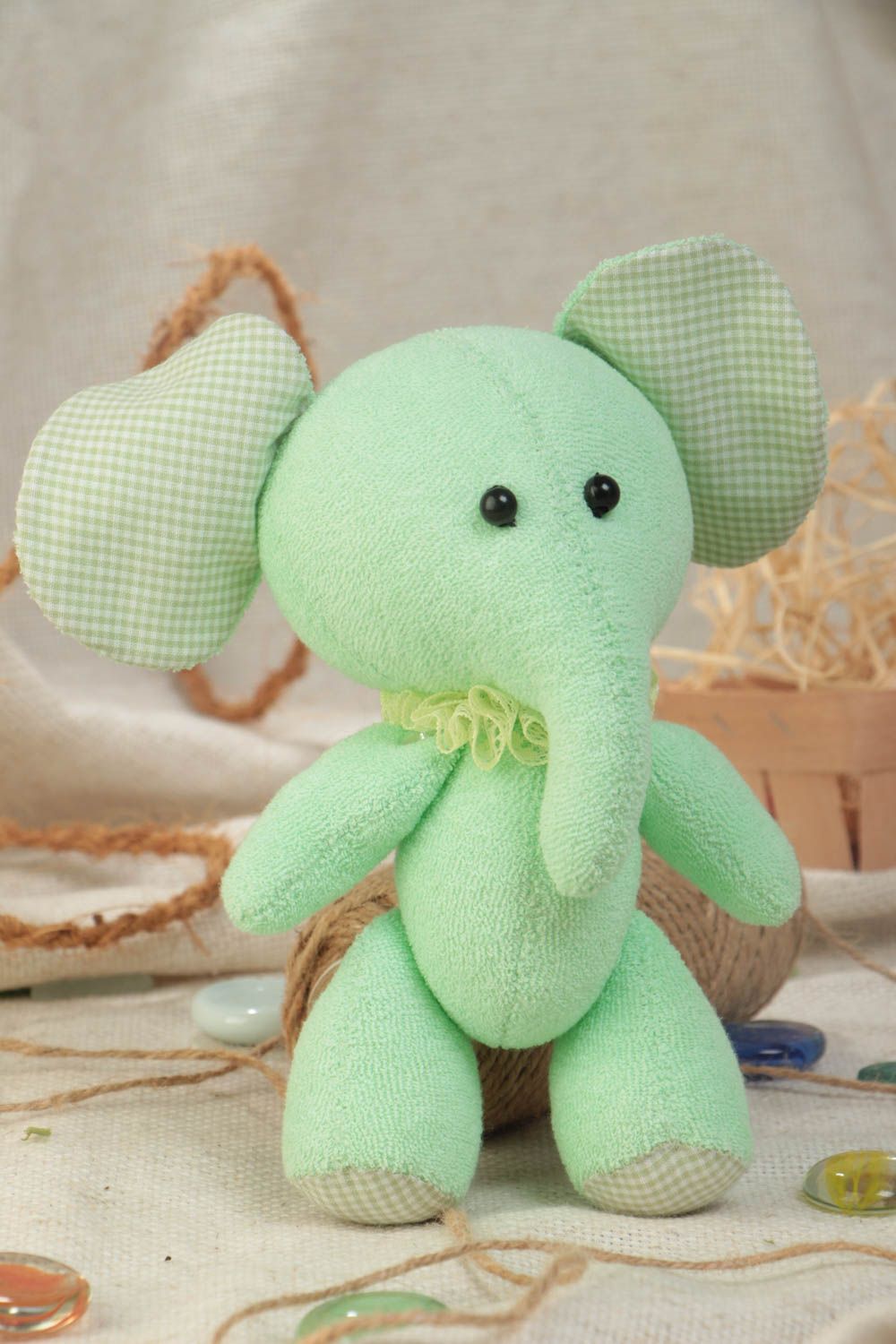 Handmade small designer fabric soft toy of mint color elephant for children photo 1