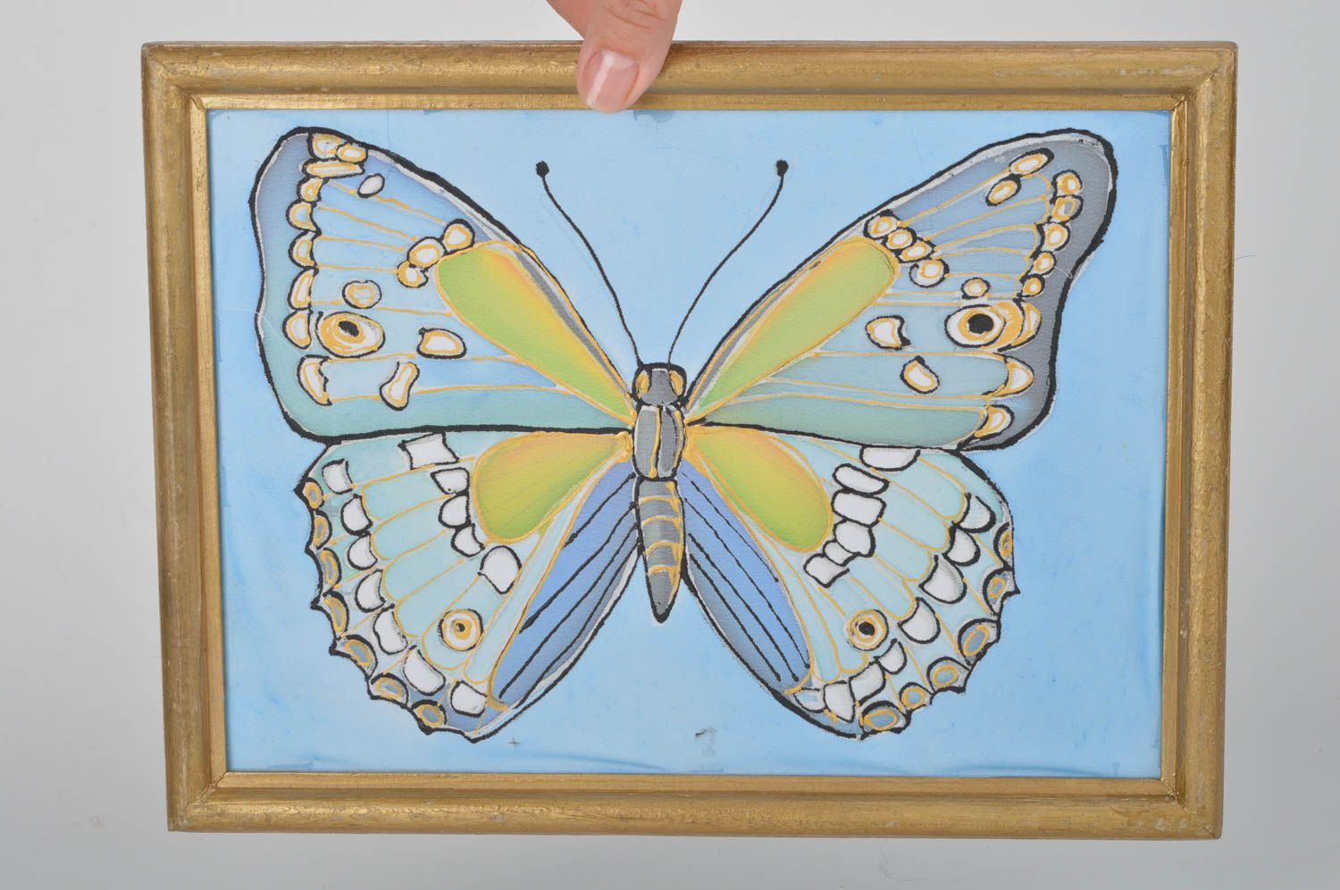 Tableau en batik à froid sur tissu fait main décoratif de créateur Papillon bleu photo 3