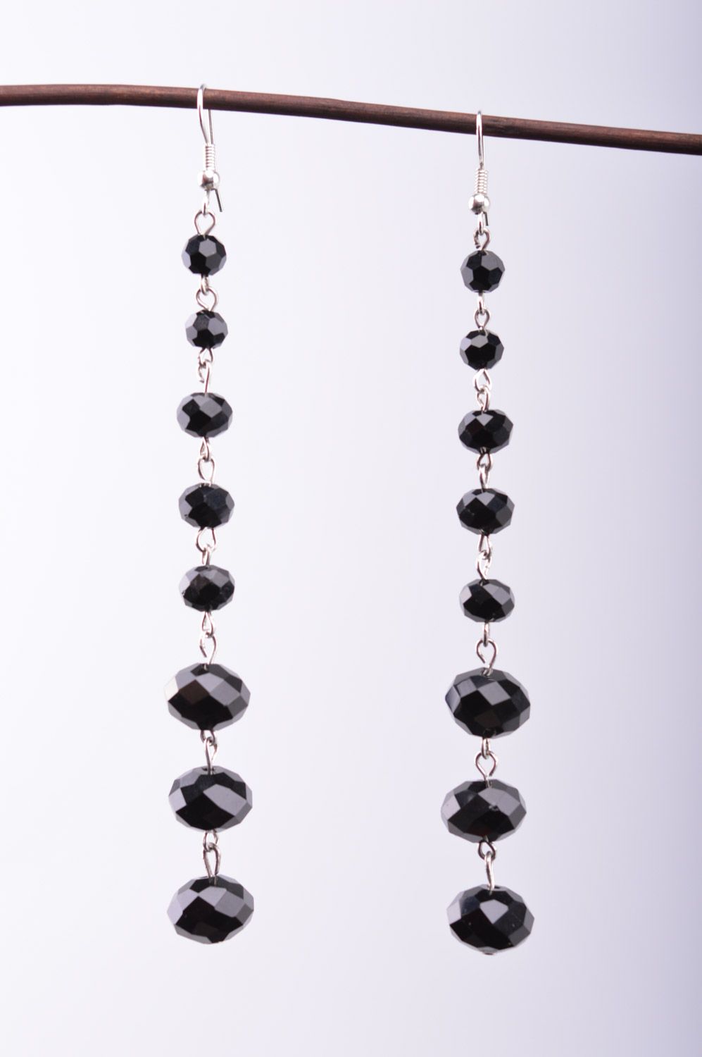 Elegant evening handmade long beaded earrings with black faceted stones  photo 2