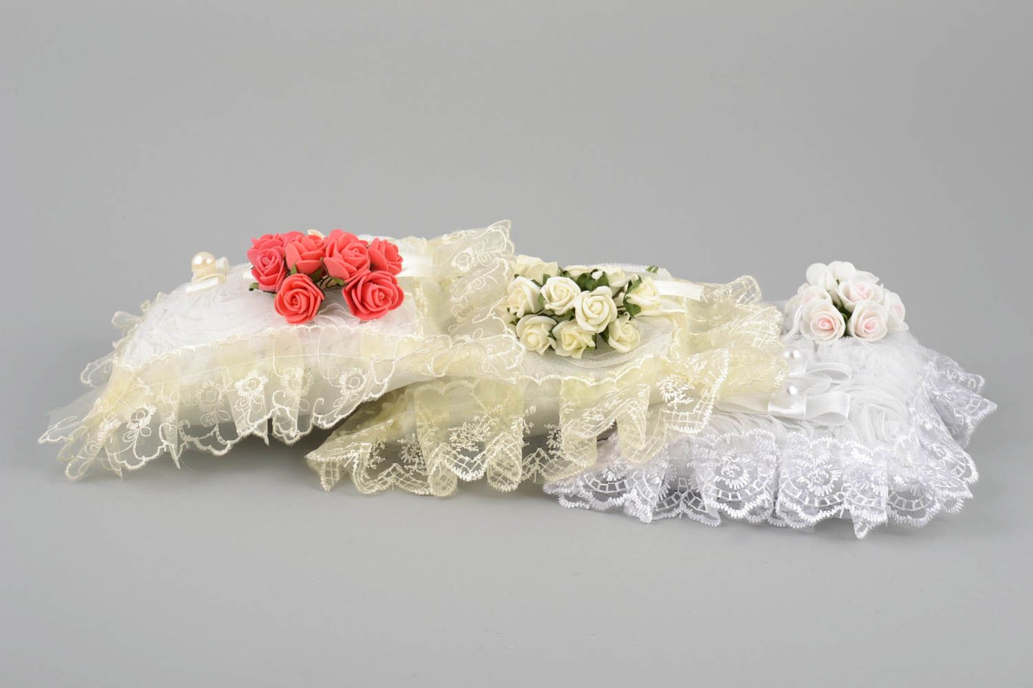 Handmade wedding openwork set of white pillows for rings with flowers 3 pieces photo 4