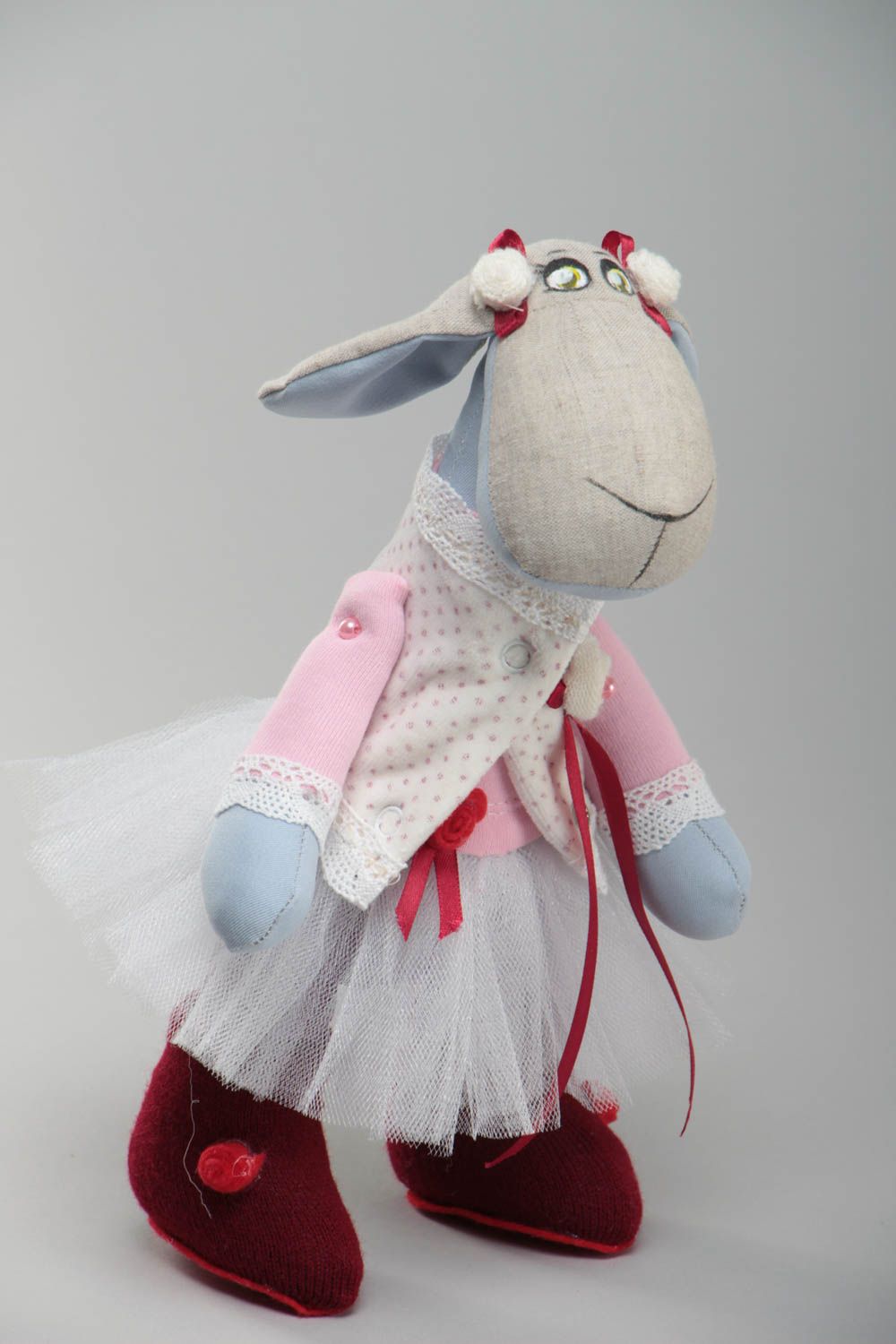 Handmade soft toy sewn of fabrics painted with acrylics cute lamb in tutu skirt photo 2
