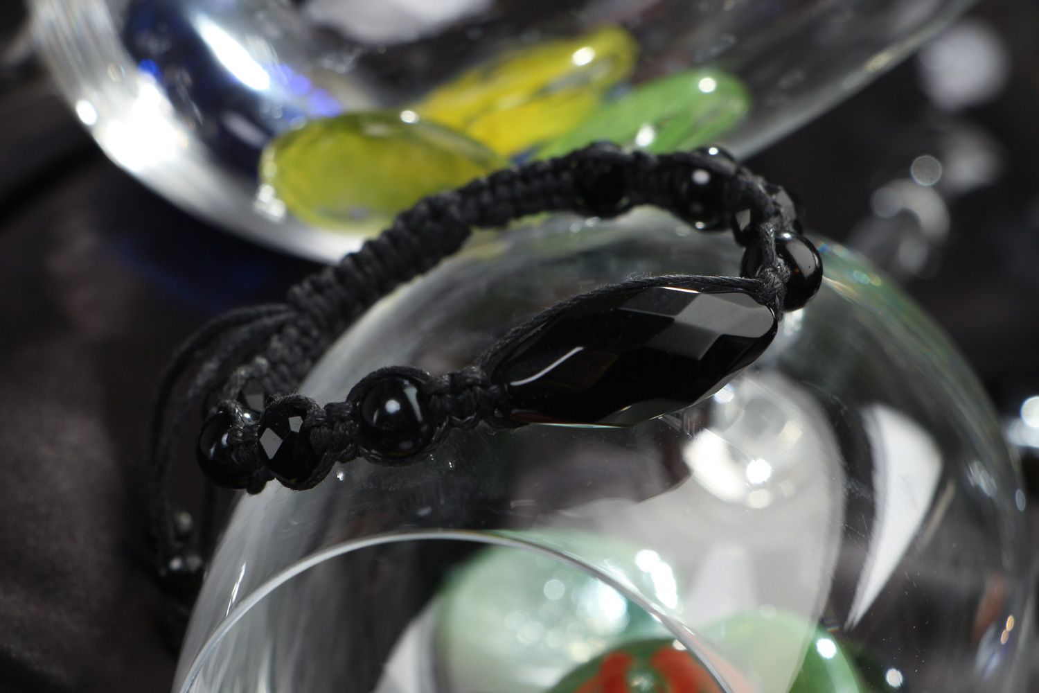 Black designer bracelet hand made of beads and cord photo 4