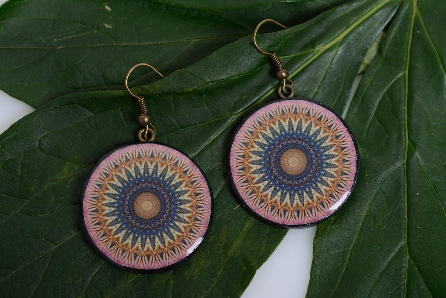Polymer clay earrings round stylish designer handmade accessory with pattern photo 3
