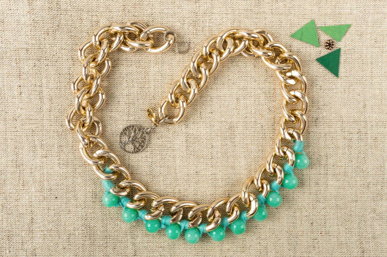 Handmade green necklace on chain stylish gold accessories beautiful jewelry photo 1