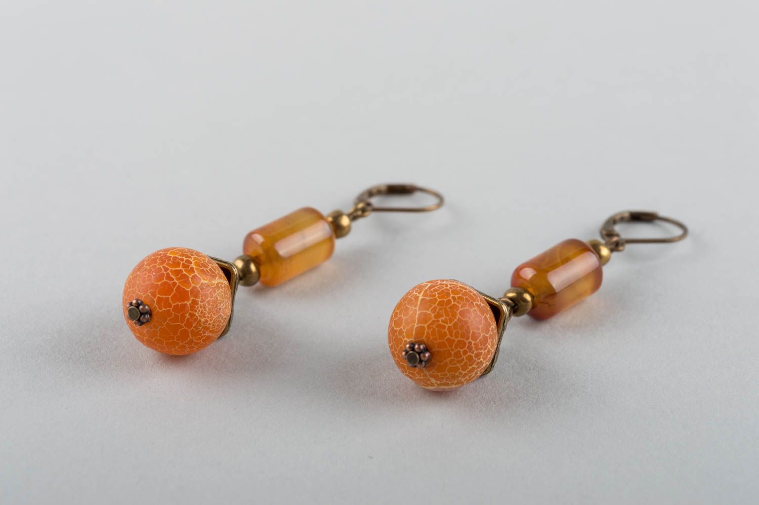 Refined handmade designer brass earrings with orange natural agate stone beads photo 3