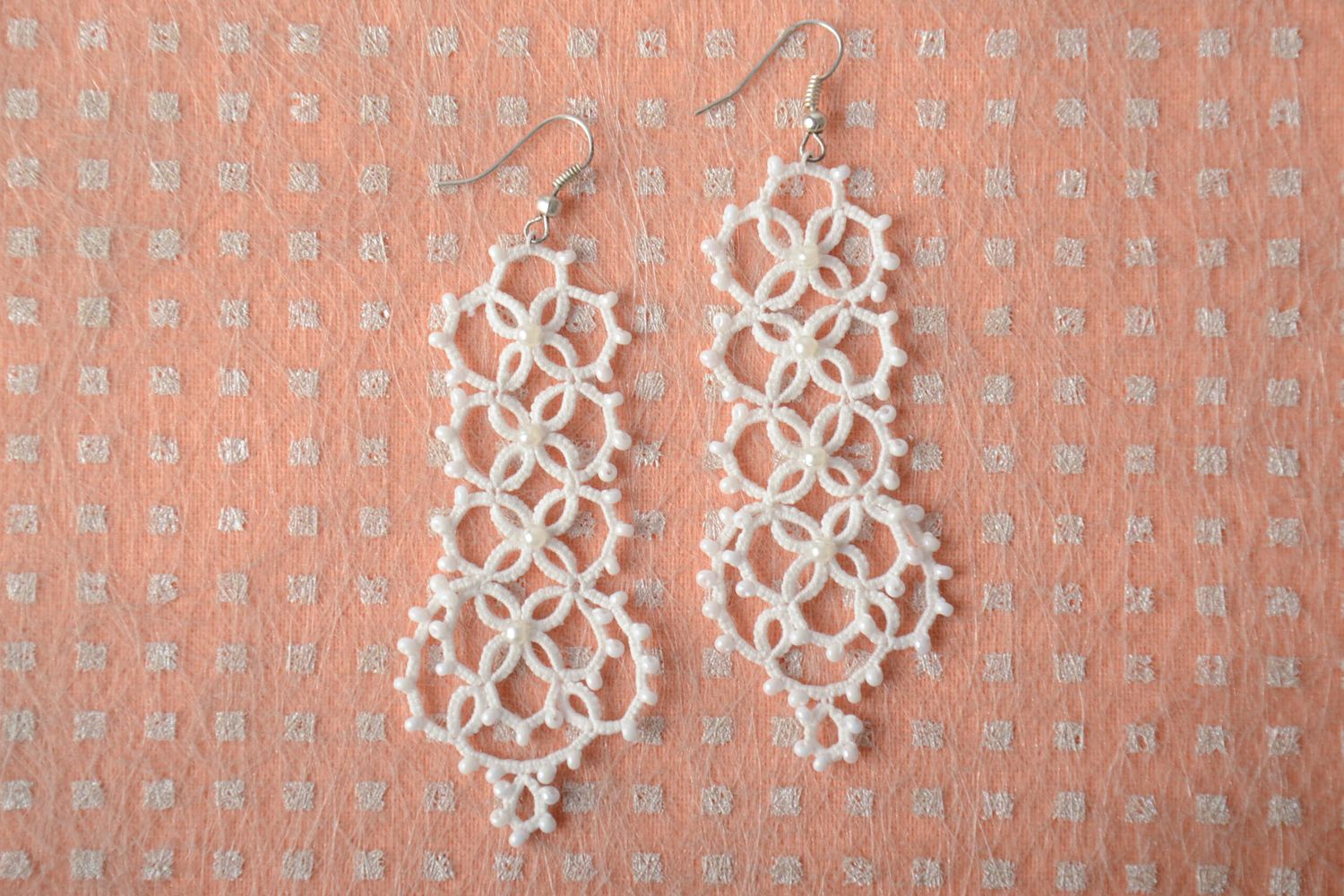Woven earrings with beads made using tatting technique photo 1