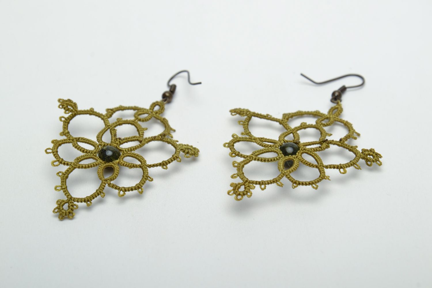 Crochet earrings with beads Olive photo 4