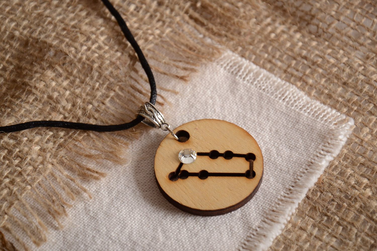 Handmade round wooden pendant with constellation on a long cord designer's jewelry photo 1