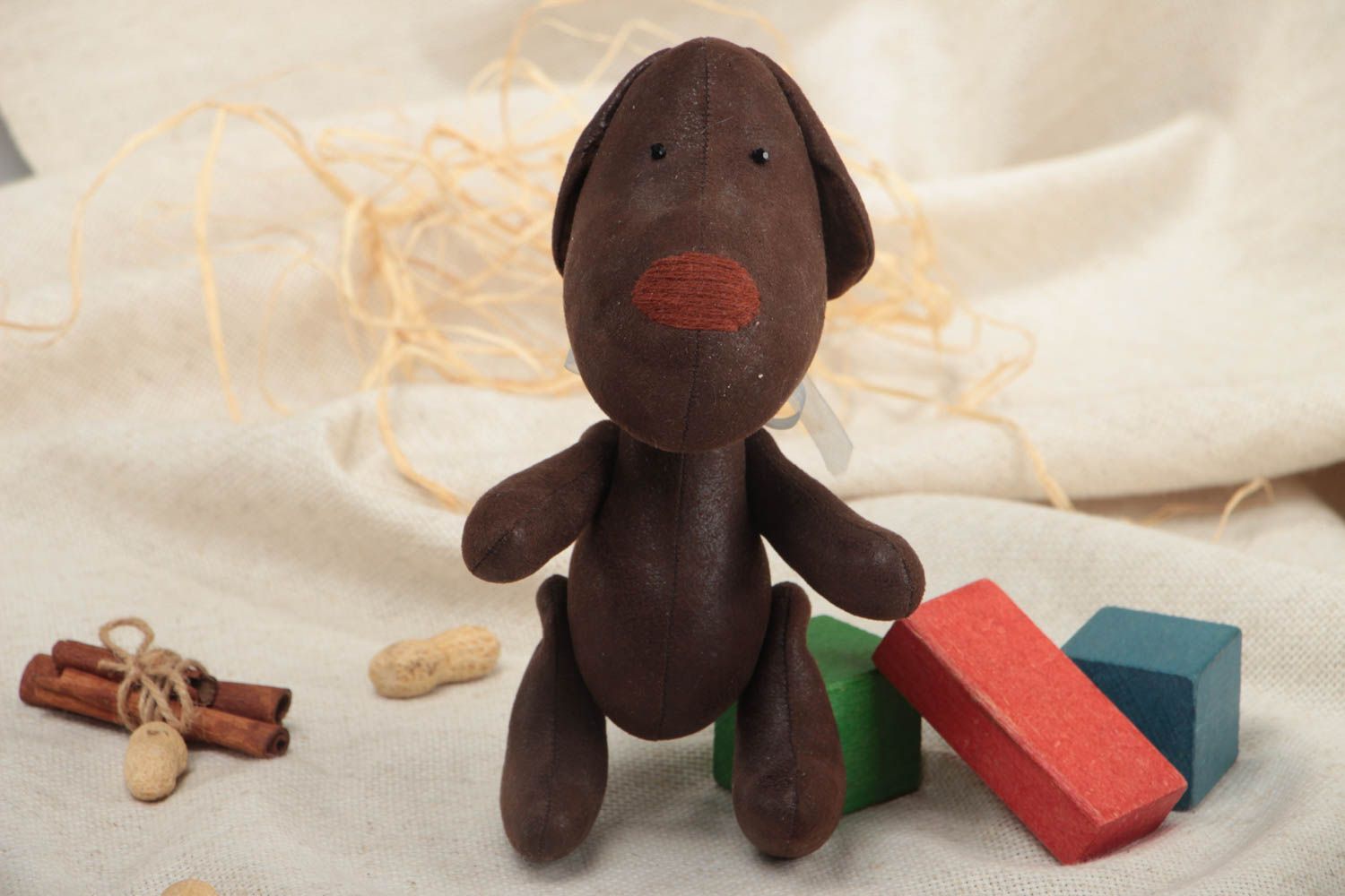 Stoff handmade Kuscheltier Hund aus Wildleder weich schön für Kleinkinder und Haus Interieur  foto 1