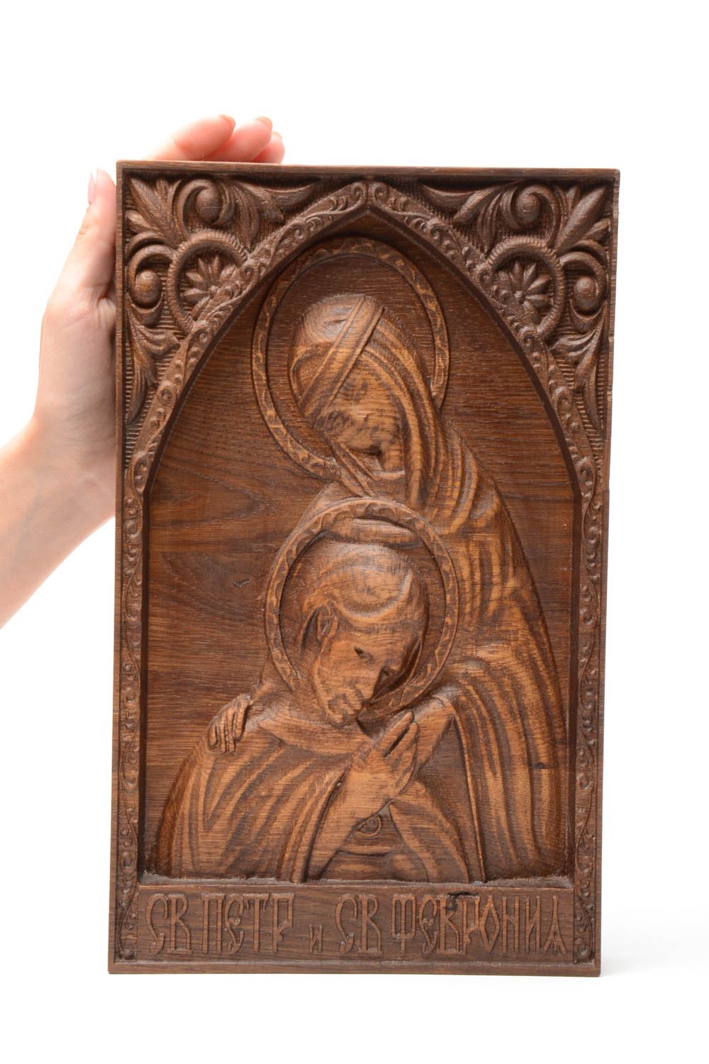 Handmade decorative wooden icon of St. Peter and Fevronia carved manually photo 5