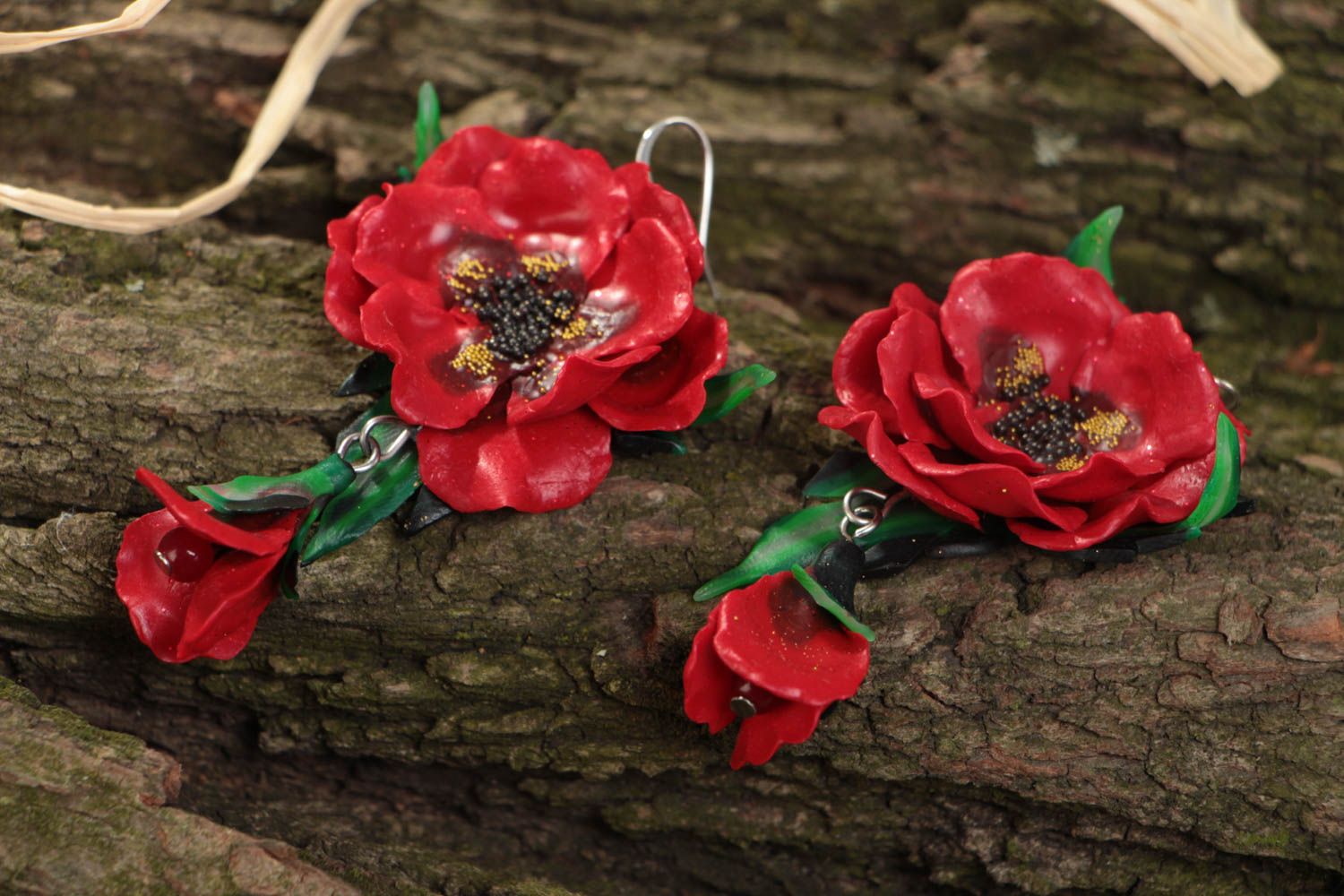Earrings made of polymer clay in the form of red poppies long handmade jewelry photo 1