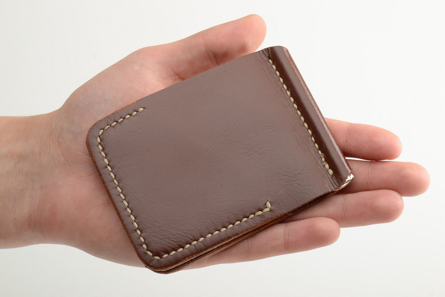Homemade genuine leather wallet of brown color sewn with waxed thread with clip  photo 5
