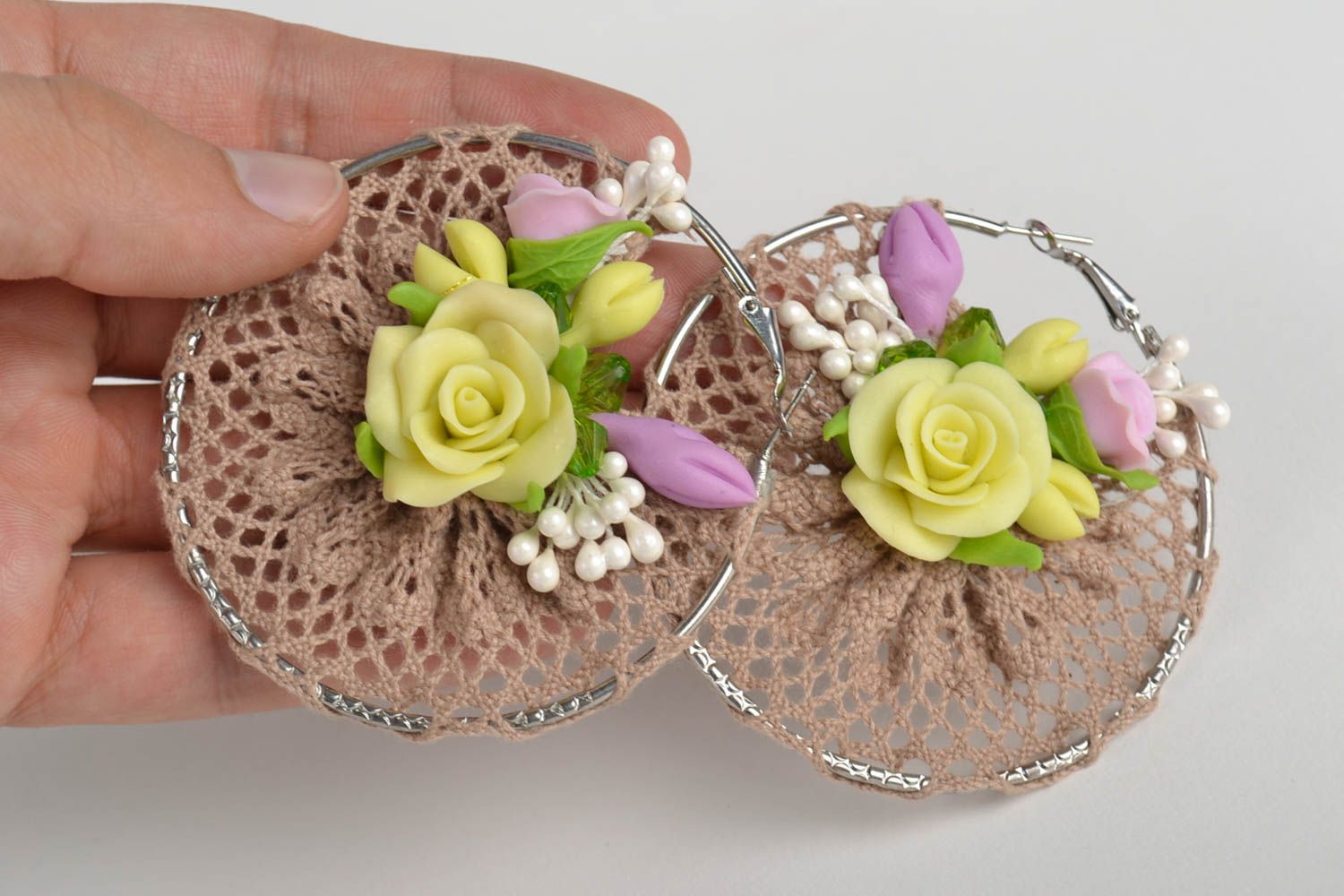 Boucles d'oreilles rondes Bijou fait main design floral grandes Cadeau femme photo 5