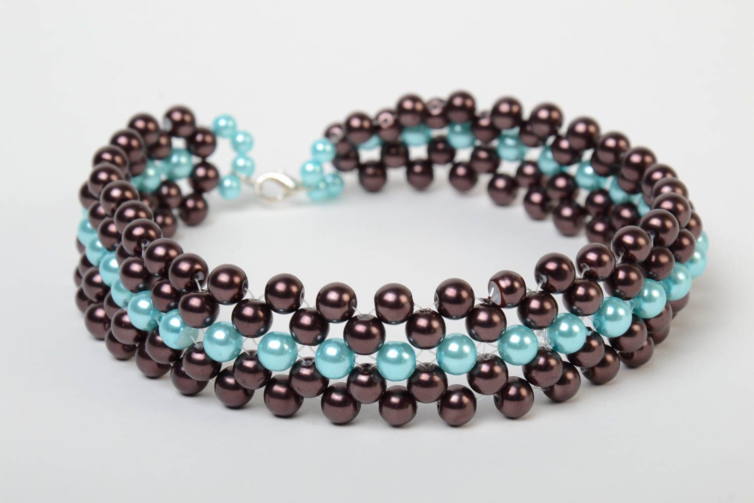 Unusual dark handmade designer necklace woven of plastic beads for girls photo 2